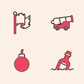 Set Bottle with message in water, Pirate flag, Cannon and Bomb ready to exp.. Stock Illustration