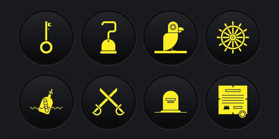 Set Bottle with message in water, Ship steering wheel, Crossed pirate swords イラスト素材