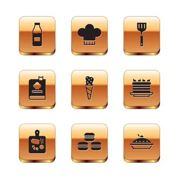 Set Bottle with milk, Cutting board, Macaron cookie, Ice cream waffle cone Stock Illustration