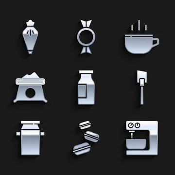 Set Bottle with milk, Macaron cookie, Electric mixer, Spatula, Can containe.. Stock Illustration