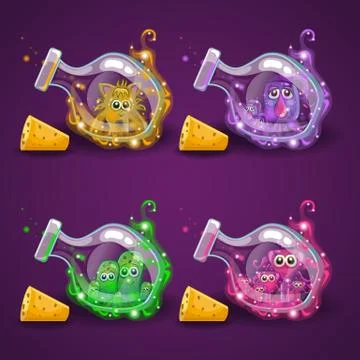 Set bottle with monster and magic smoke Stock Illustration