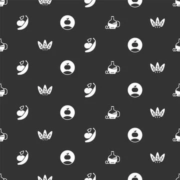 Set Bottle of olive oil, Leaf, Apple and banana and on seamless pattern. Vector 스톡 일러스트