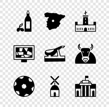 Set Bottle of olive oil, Map Spain, Montjuic castle, Football ball, Windmill, Stock Illustration