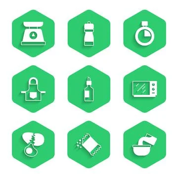 Set Bottle of olive oil, Packet pepper, Saucepan, Microwave oven, Broken egg Stock Illustration