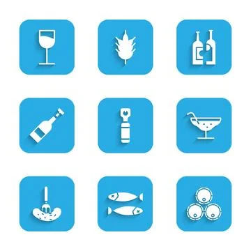 Set Bottle opener, Dried fish, Wooden barrels, Cocktail, Pickled cucumber on Stock Illustration