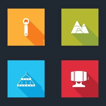 Set Bottle opener, Mountains, Massive steel chandelier and Wooden barrel on rack Stock Illustration