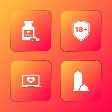 Set Bottle with pills for potency, Shield 18 plus, Laptop content and Condoms Stock Illustration