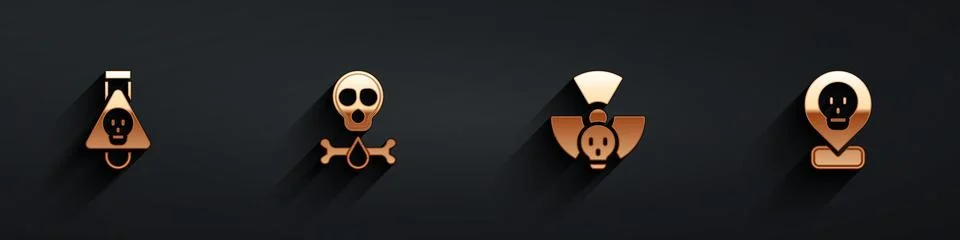 Set Bottle with potion, Bones and skull, Radioactive and in location icon w.. Stock Illustration