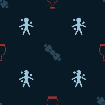 Set Bottle with potion, Bow tie and Voodoo doll on seamless pattern. Vector Stockillustratie