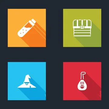 Set Bottle with potion, Chest, Witch hat and Lute icon. Vector Stock Illustration