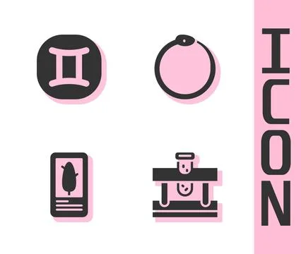 Set Bottle with potion, Gemini zodiac, Tarot cards and Ouroboros icon. Vector Stock Illustration