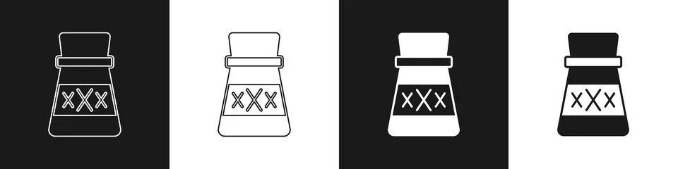 Set Bottle with potion icon isolated on black and white background. Flask with Stock Illustration