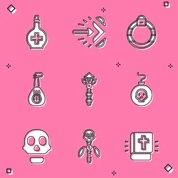 Set Bottle with potion, Magic arrow, stone ring, Lute, wand, Bomb ready explode 스톡 일러스트