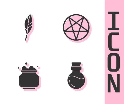Set Bottle with potion, Magic feather, Witch cauldron and Pentagram in circle Stock Illustration