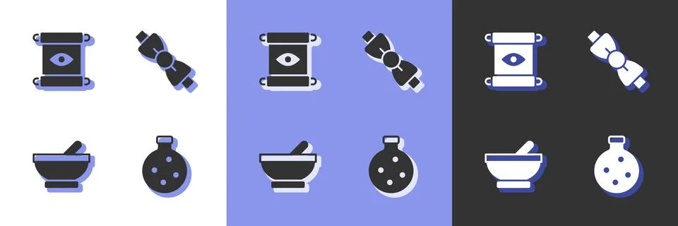 Set Bottle with potion, Magic scroll, Witch cauldron and Bow tie icon. Vector Stock Illustration