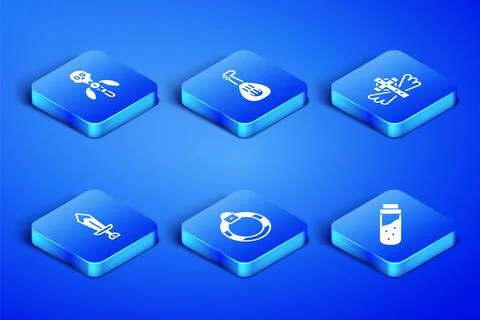Set Bottle with potion, Magic staff, stone ring, Sword for game, Lute and Stock Illustration