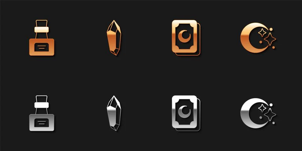Set Bottle with potion, Magic stone, Tarot cards and Moon and stars icon. Vector Ilustração Stock