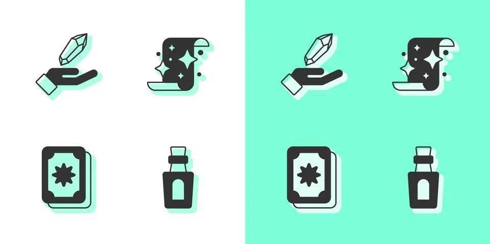 Set Bottle with potion, Magic stone, Tarot cards and scroll icon. Vector Stock Illustration