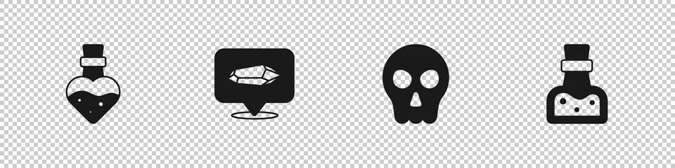Set Bottle with potion, Magic stone, Skull and icon. Vector Illustrazione stock