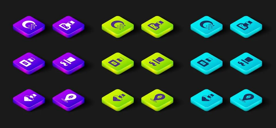 Set Bottle with potion, Magic stone, Magician,  and Moon and stars icon. Vect Stock Illustration