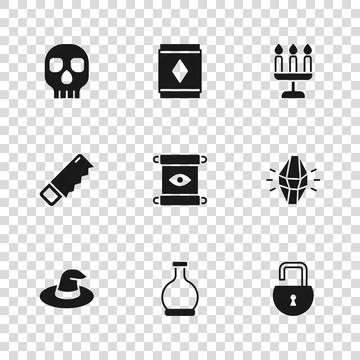 Set Bottle with potion, Magic stone, Open padlock, scroll, Candlestick, Sku.. Ilustración de archivo