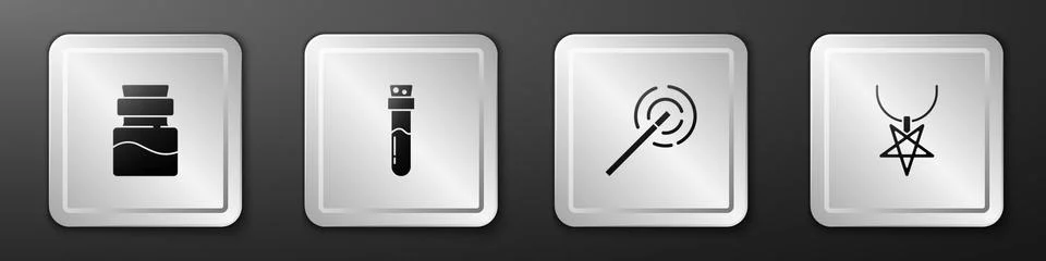 Set Bottle with potion, , Magic wand and Pentagram necklace icon. Silver square Stock Illustration