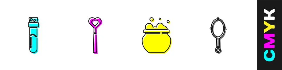 Set Bottle with potion, Magic wand, Witch cauldron and hand mirror icon. Vector Illustrazione stock