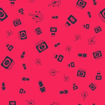 Set Bottle with potion, Magic wand, Tarot cards and on seamless pattern. Vect 스톡 일러스트