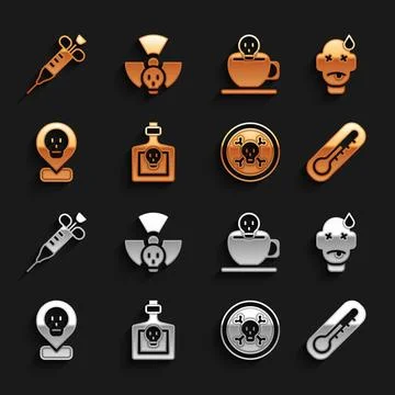 Set Bottle with potion, Man poisoning, Thermometer, Bones and skull, Radioa.. Stock Illustration
