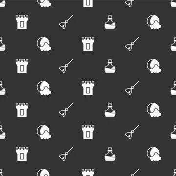 Set Bottle with potion, Moon and stars, Castle tower and Witches broom on sea Illustration