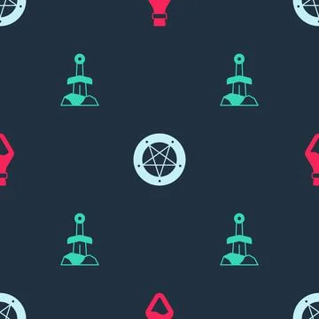 Set Bottle with potion, Pentagram in a circle and Sword the stone on seamless Illustrazione stock