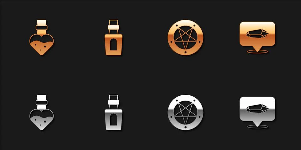 Set Bottle with potion, Pentagram in a circle and Magic stone icon. Vector Stock Illustration