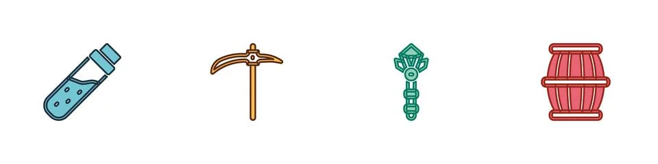 Set Bottle with potion, Pickaxe, Magic wand and Gun powder barrel icon. Vector Stock Illustration