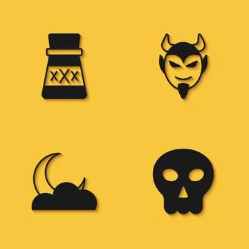Set Bottle with potion, Skull, Moon and stars and Devil head icon with long Stock Illustration
