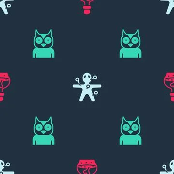 Set Bottle with potion, Voodoo doll and Owl bird on seamless pattern. Vector Stock Illustration