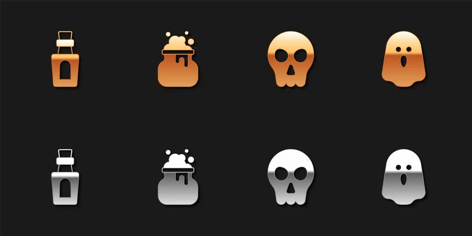 Set Bottle with potion, Witch cauldron, Skull and Ghost icon. Vector Stock Illustration