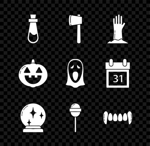 Set Bottle with potion, Wooden axe, Zombie hand, Magic ball, Lollipop, Vampire Stock-Illustration