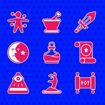 Set Bottle with potion, Zombie hand, Magic scroll, Masons, Moon stars, Medi.. Ilustração Stock