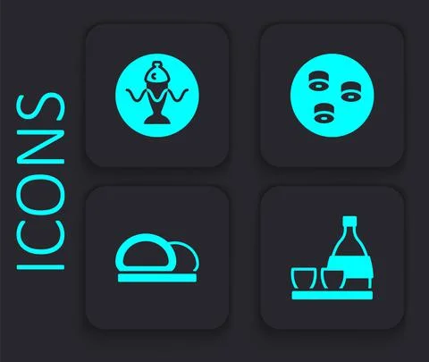 Set Bottle of sake, Served fish on plate, Sushi and icon. Black square button Illustrazione stock