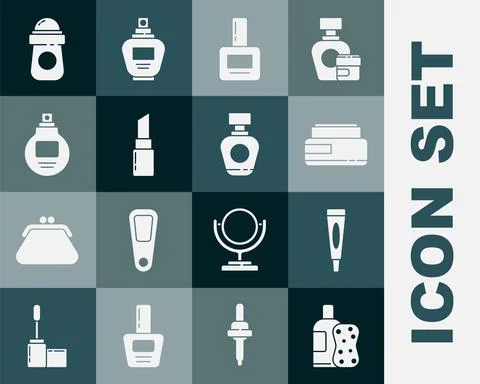 Set Bottle of shampoo and sponge, Cream or lotion cosmetic tube, Nail polish Illustration