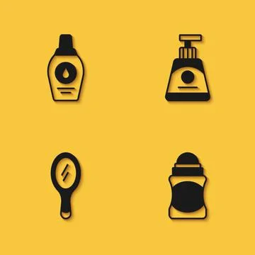 Set Bottle of shampoo, Deodorant roll, Hand mirror and Cream lotion cosmetic  Illustration