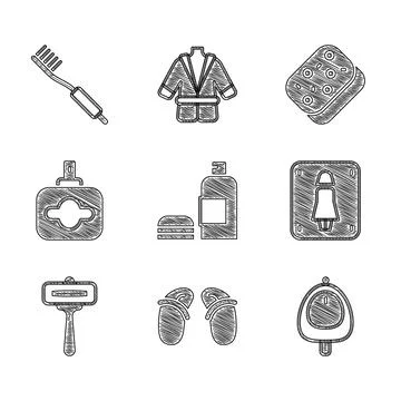 Set Bottle of shampoo Flip flops Toilet urinal or pissoir Female toilet Shavi Ilustração Stock