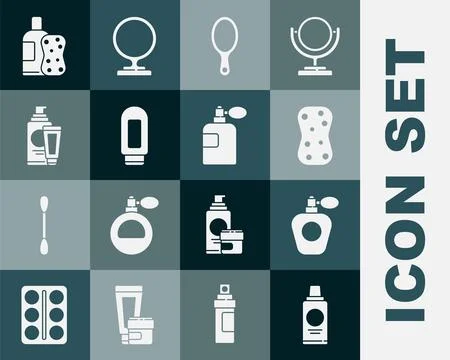 Set Bottle of shampoo, Perfume, Sponge with bubbles, Hand mirror, Cream lot.. Illustration