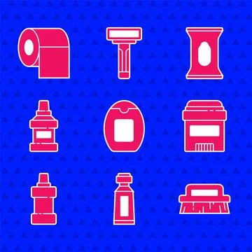 Set Bottle of shampoo, Tube toothpaste, Brush for cleaning, Antiperspirant Stock Illustration