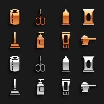 Set Bottle of shampoo, Wet wipe pack, Washing powder, Tube toothpaste, Rubber 库存插图