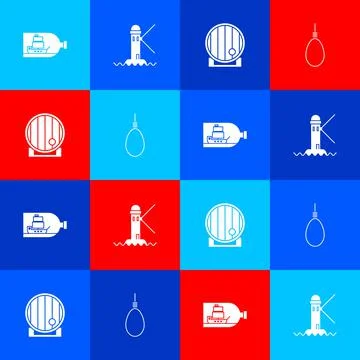 Set Bottle with ship inside, Lighthouse, Wooden barrel and Gallows rope loop  Illustrazione stock