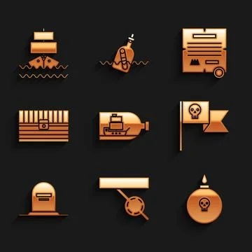 Set Bottle with ship inside, Pirate eye patch, Bomb ready to explode, flag skull Illustrazione stock