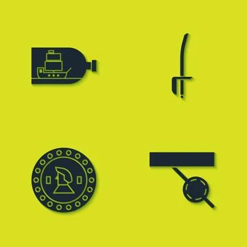 Set Bottle with ship inside, Pirate eye patch, coin and sword icon. Vector Illustrazione stock