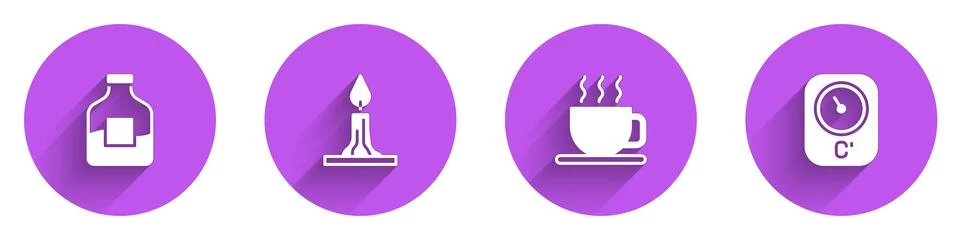 Set Bottle of vodka, Burning candle, Cup tea and Sauna thermometer icon wit.. Stock Illustration