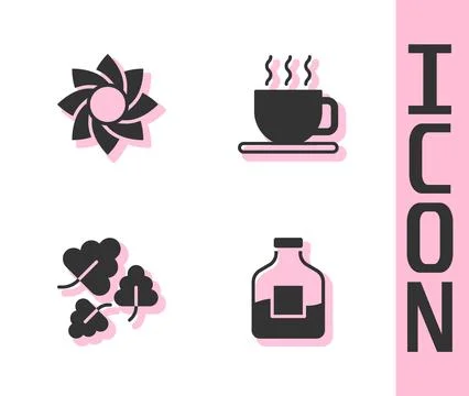 Set Bottle of vodka, Flower, Oak leaf and Cup tea icon. Vector 스톡 일러스트